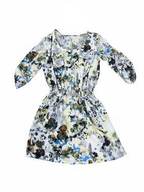 Gianni Bini Abstract Floral Blouson Mini Dress L Elastic Waist Roll-Tab Sleeve